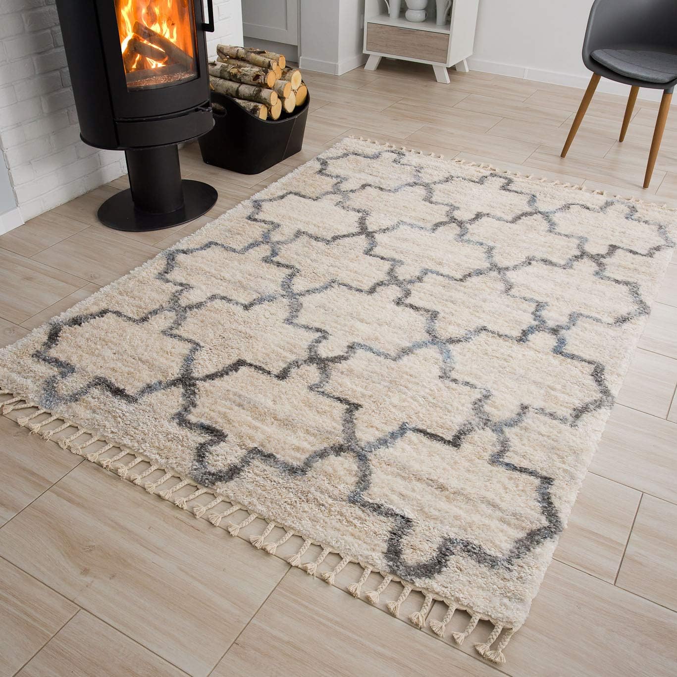 Area Rug Versay Fringes Shaggy Moroccan Trellis Cream