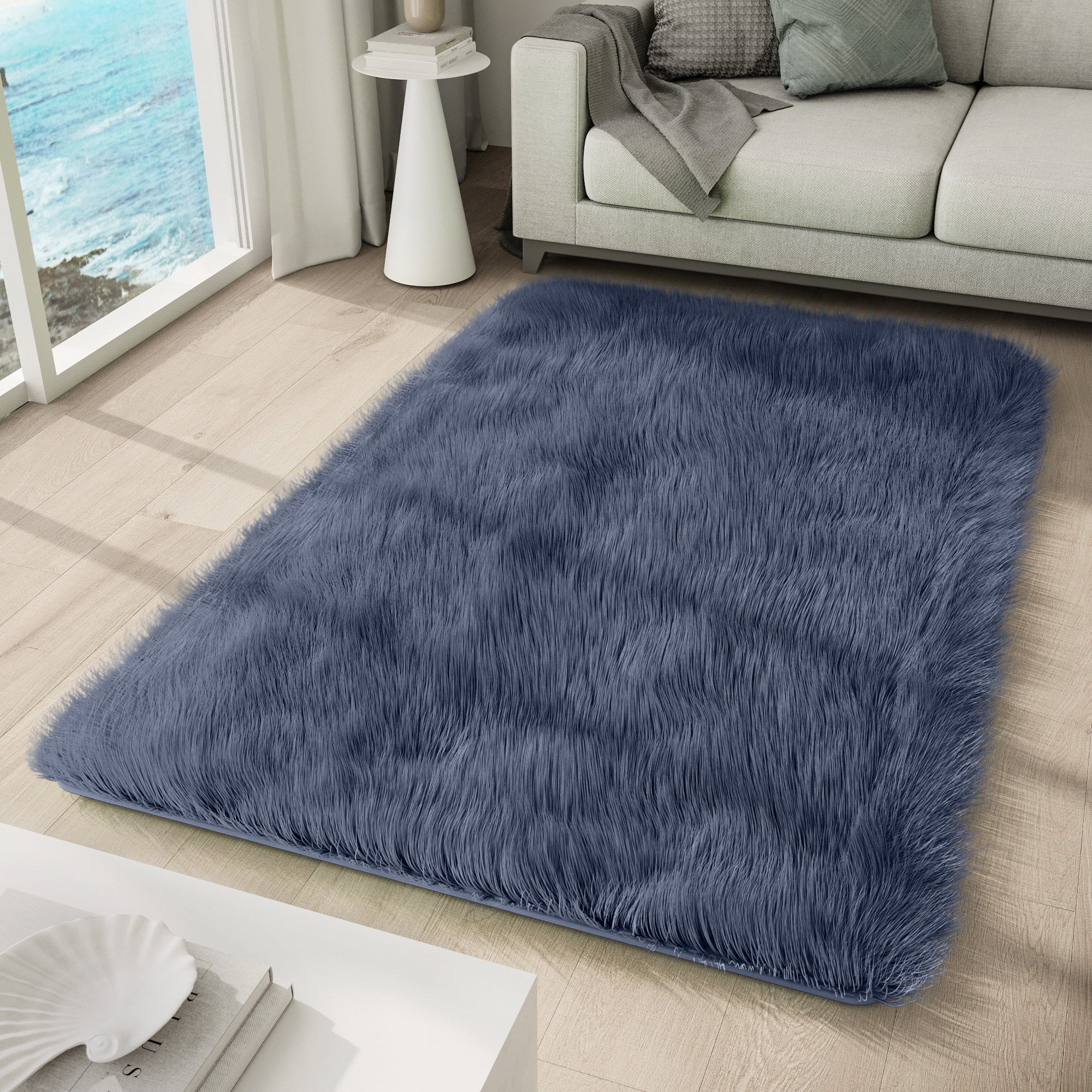 Area Rug Silk Anti-slip Shaggy Grey Blue