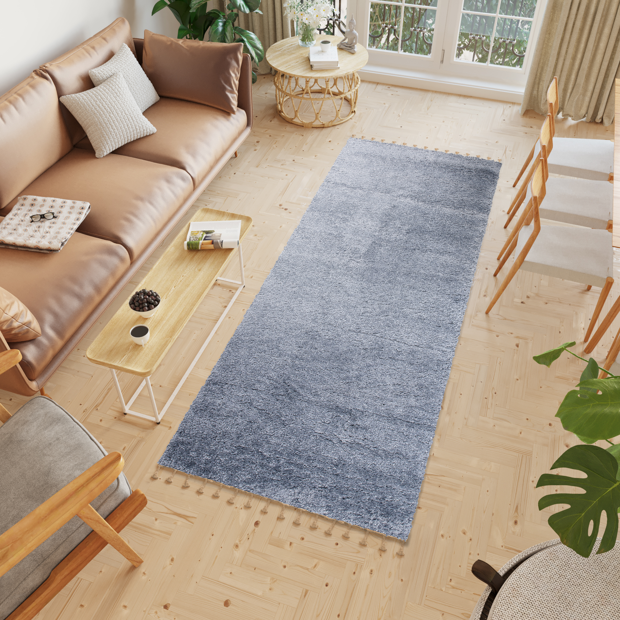 Carpet Runner Versay with Fringes Blue Shaggy