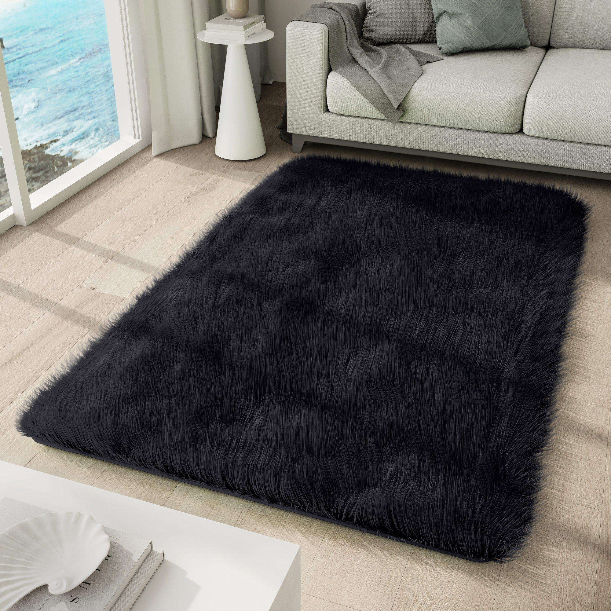 Area Rug Silk Anti-slip Shaggy Black