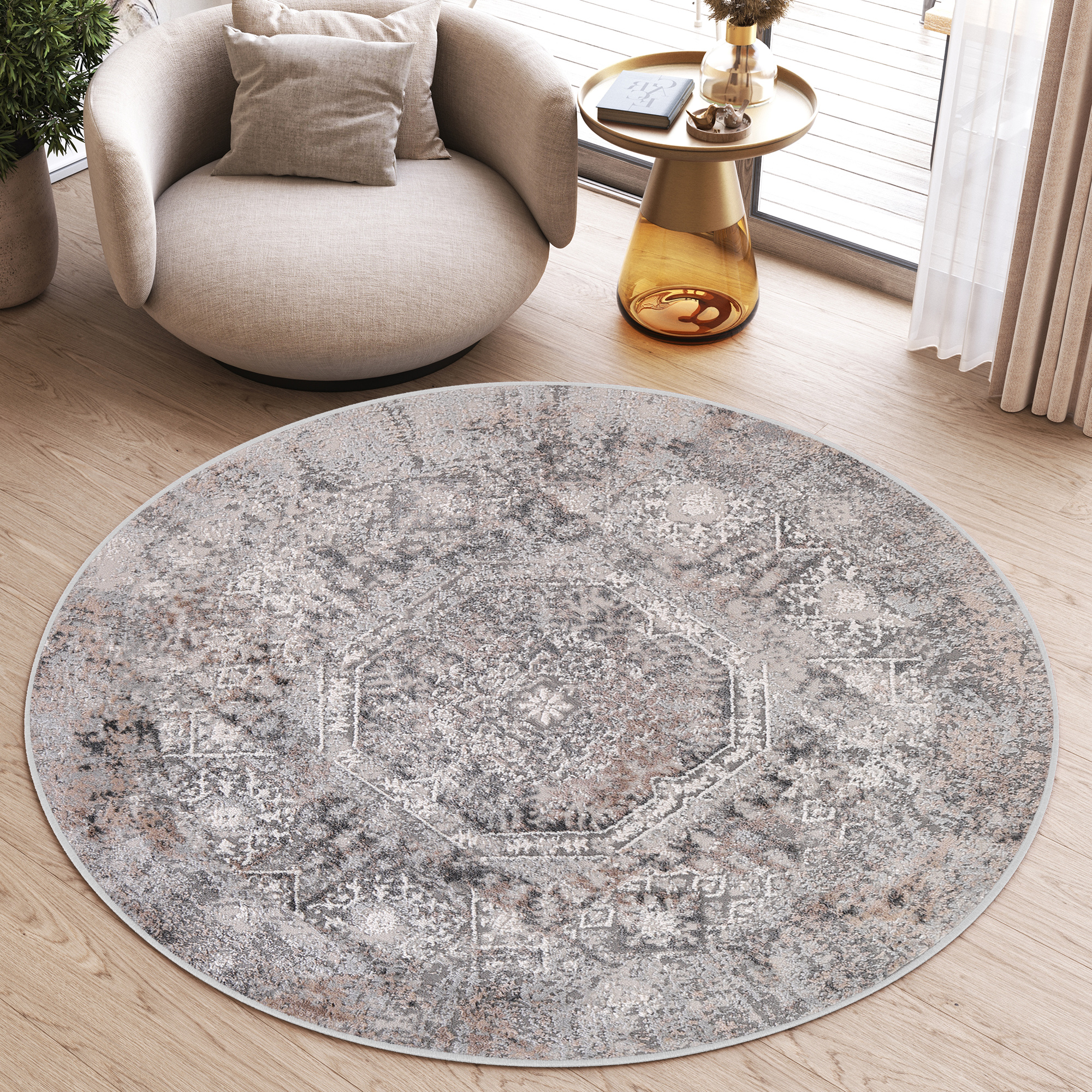 Area Rug Valley Round Grey Beige Vintage Ornaments