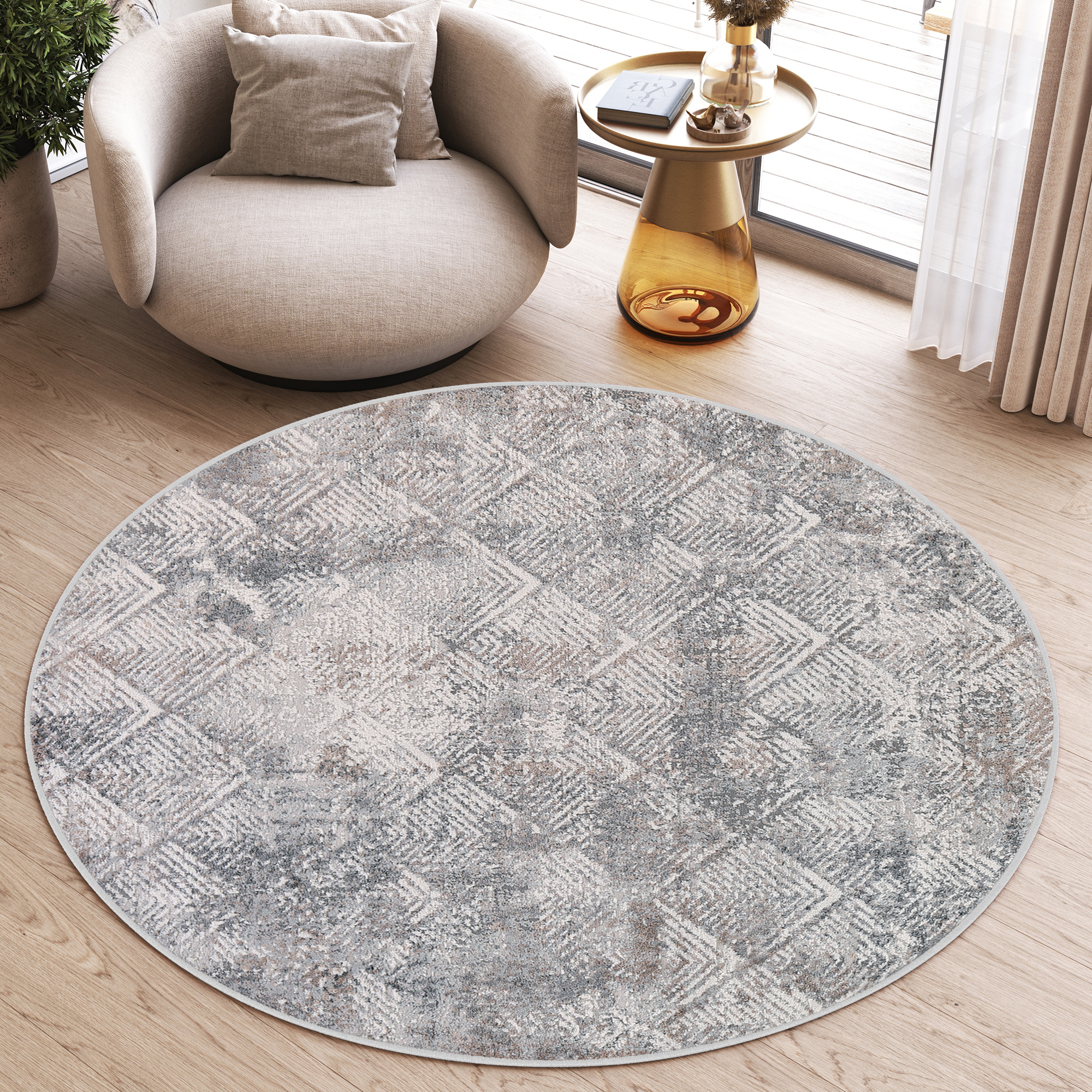Area Rug Valley Round Grey Beige Geometric Square