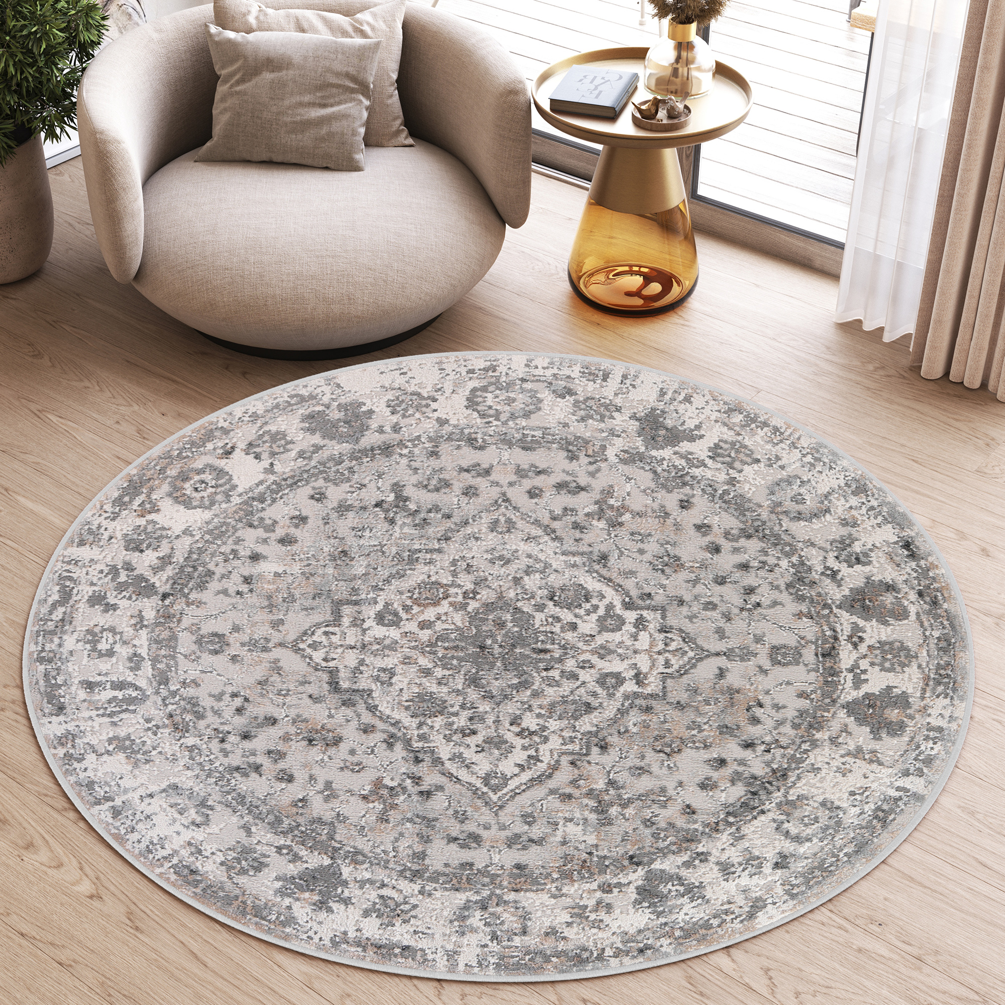 Area Rug Valley Round Dark Grey Vintage Frame