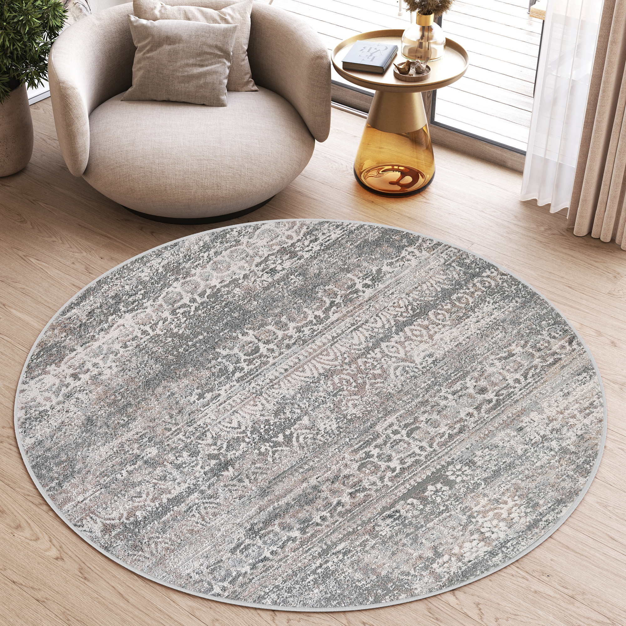 Area Rug Valley Round Grey Vintage Floral