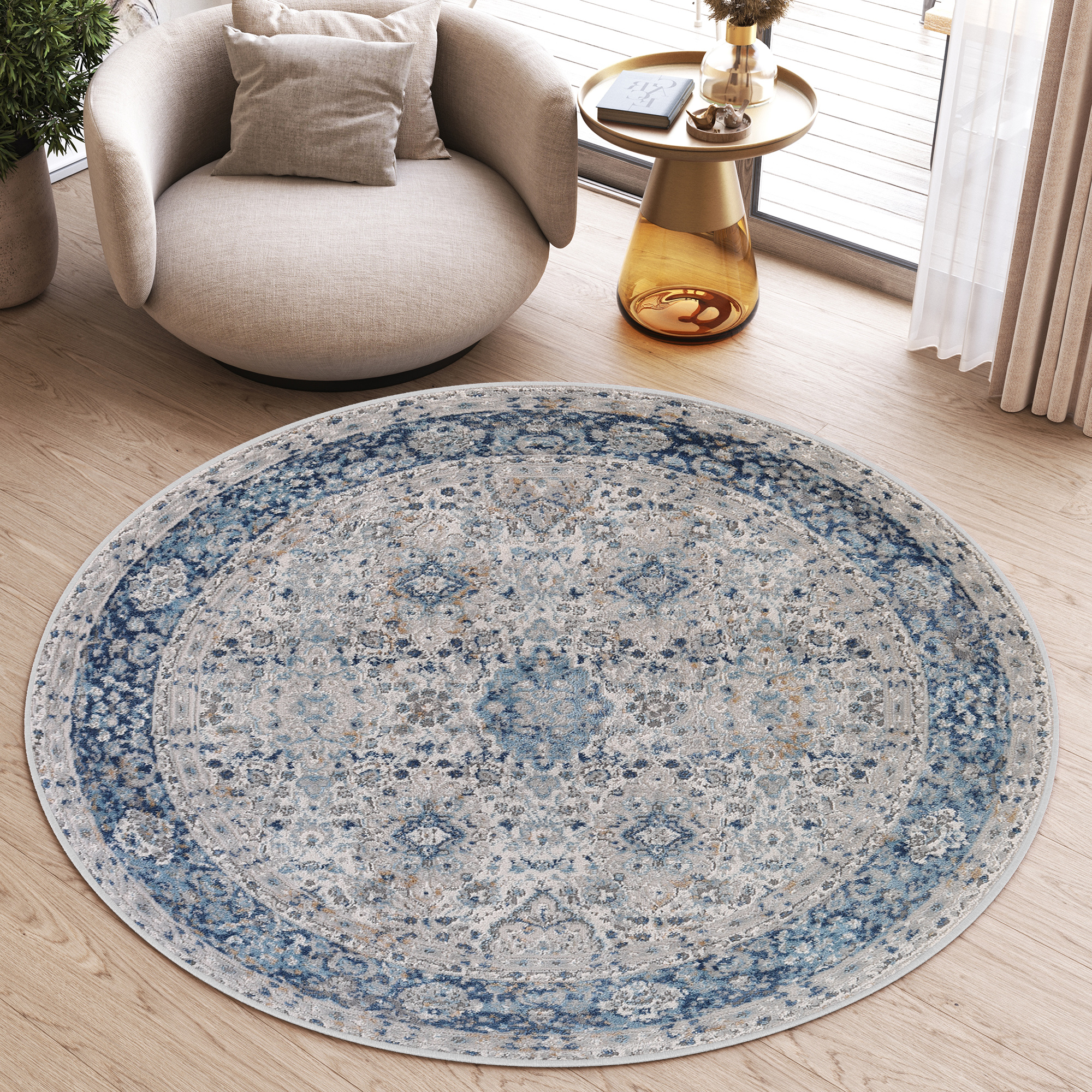 Area Rug Valley Round Grey Blue Ornaments Vintage