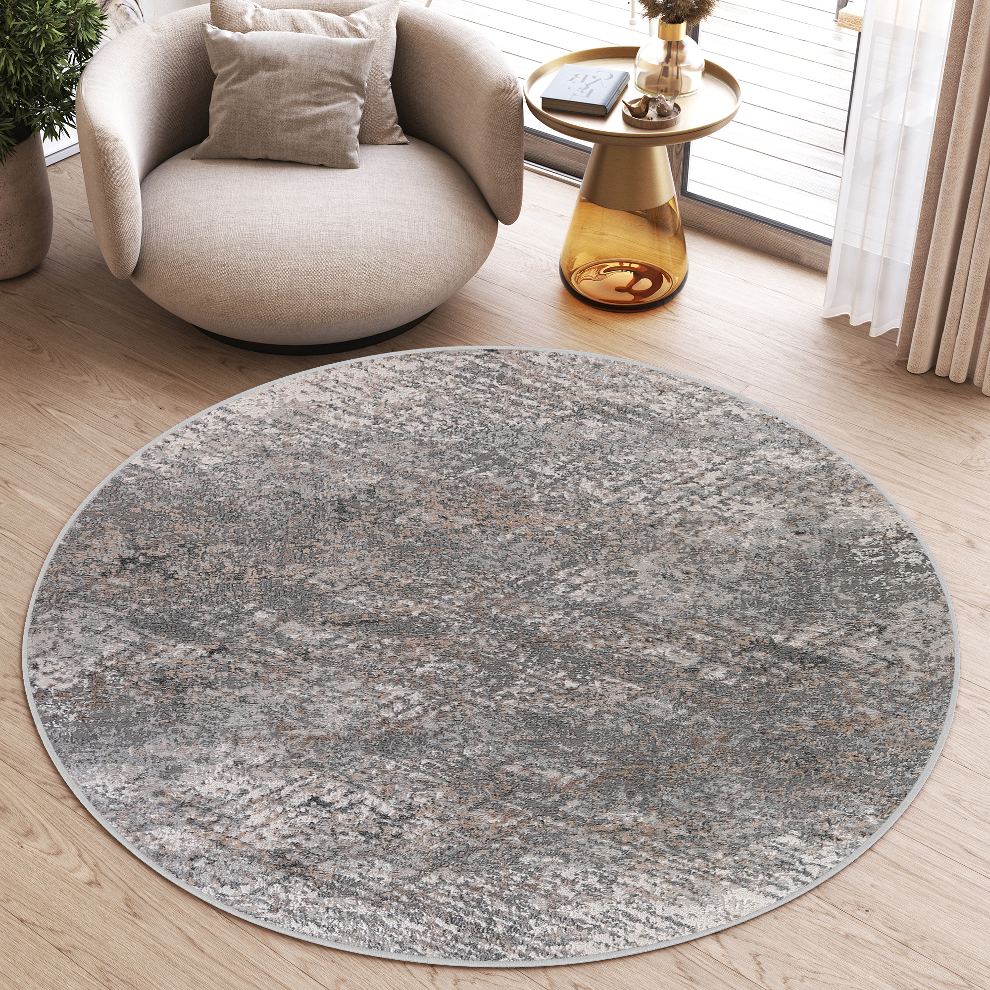 Area Rug Valley Round Dark Grey Abstract Lines