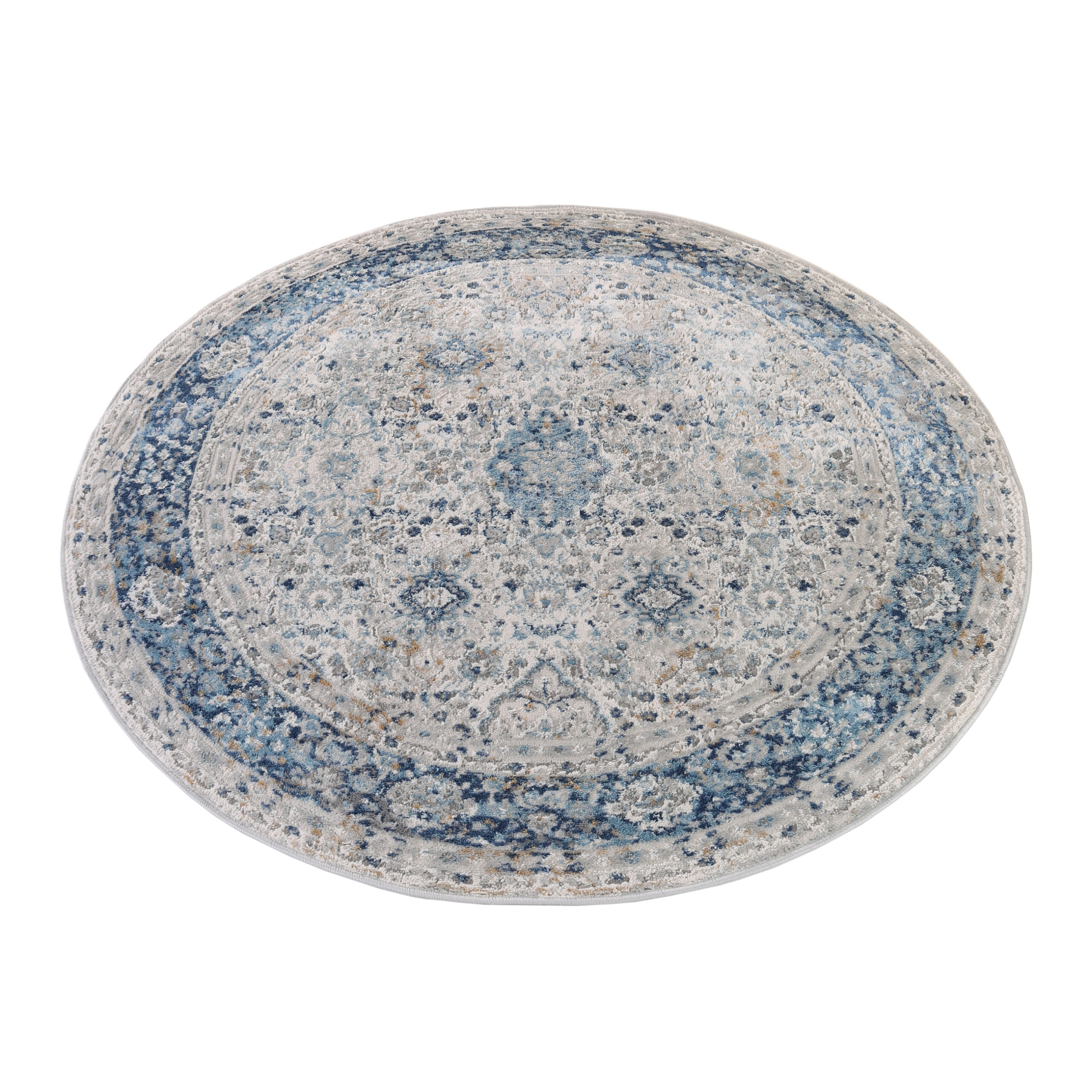 Area Rug Valley Round Grey Blue Ornaments Vintage