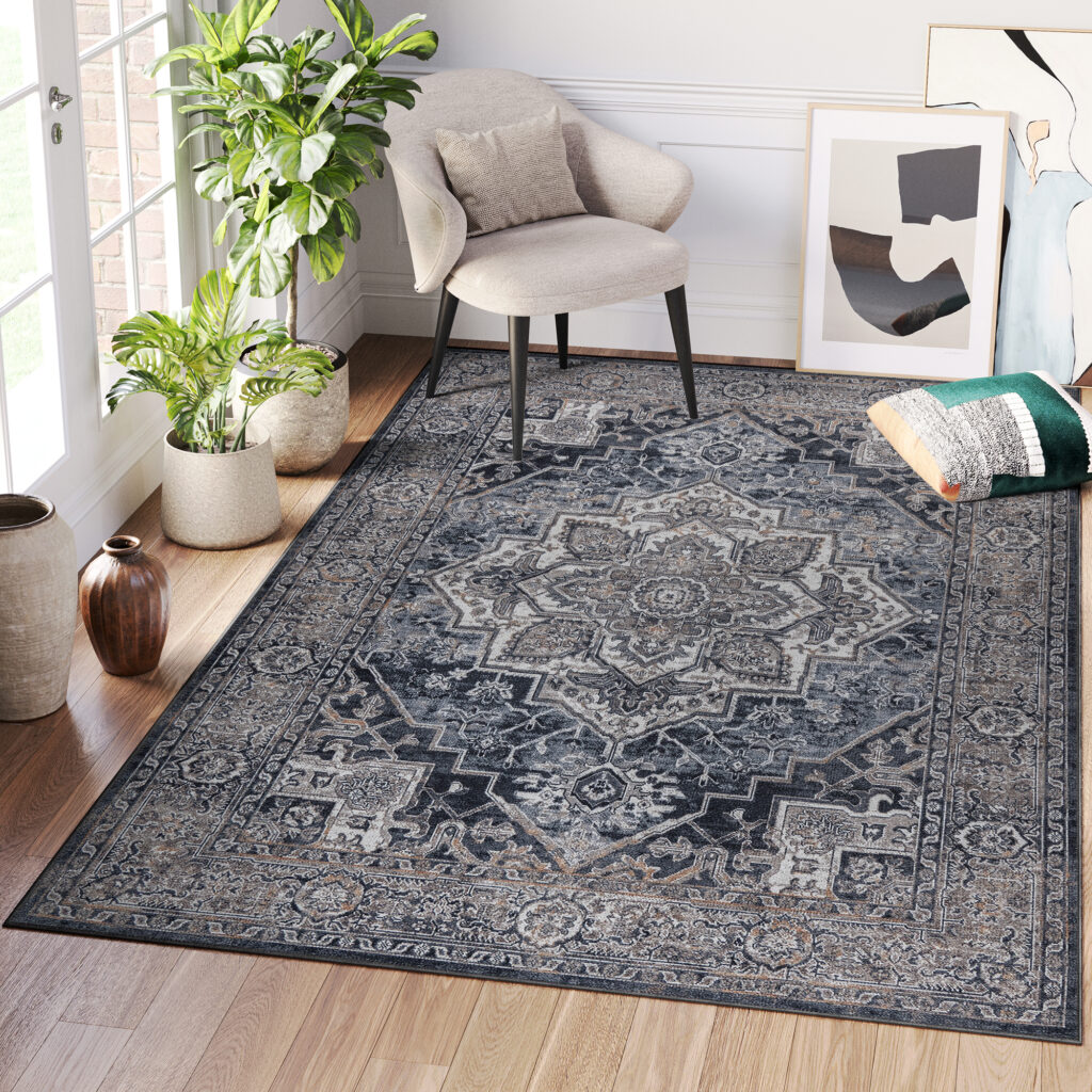 Area Rug Ritz Navy Grey Vintage Rosette