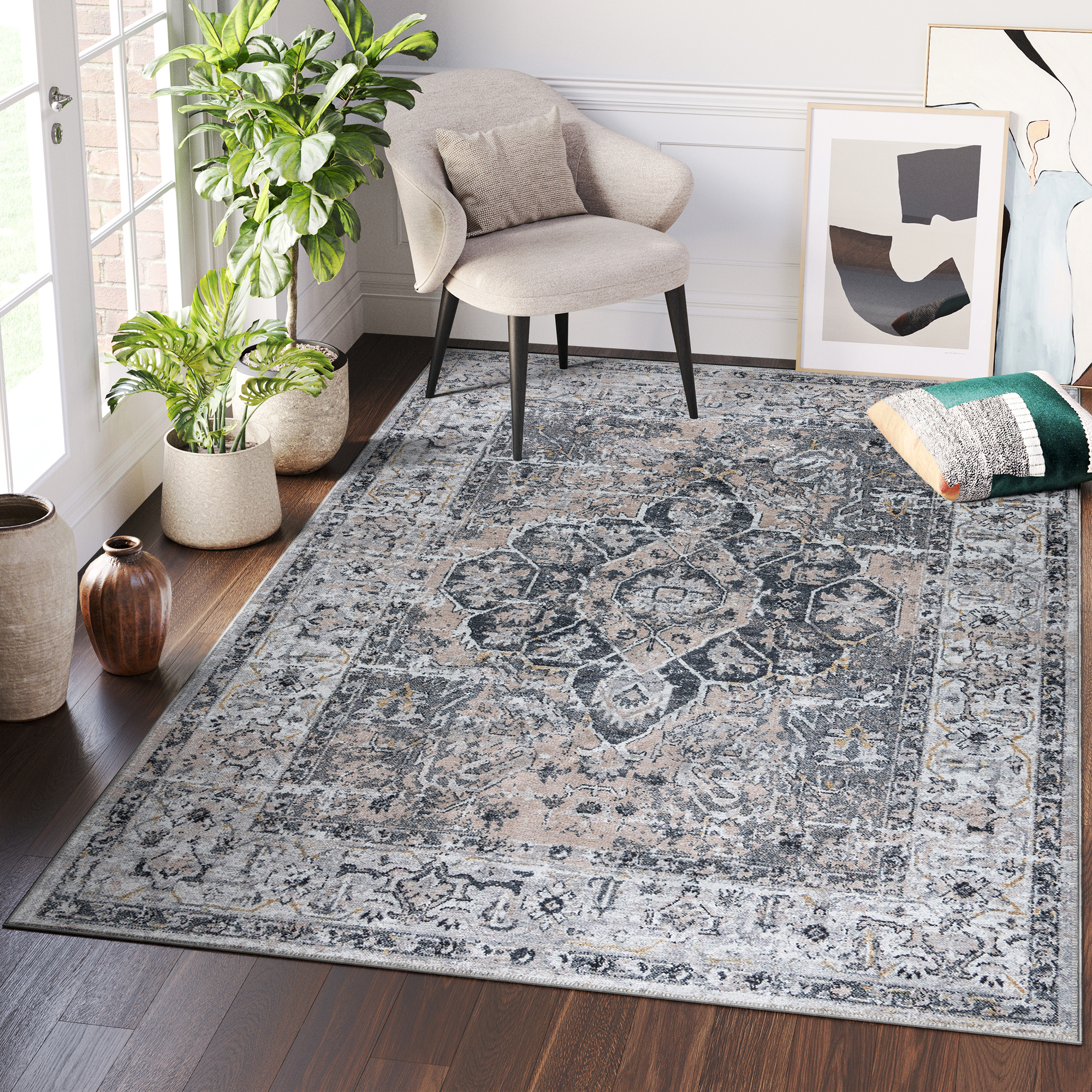 Area Rug Ritz Grey Beige Vintage Rosette