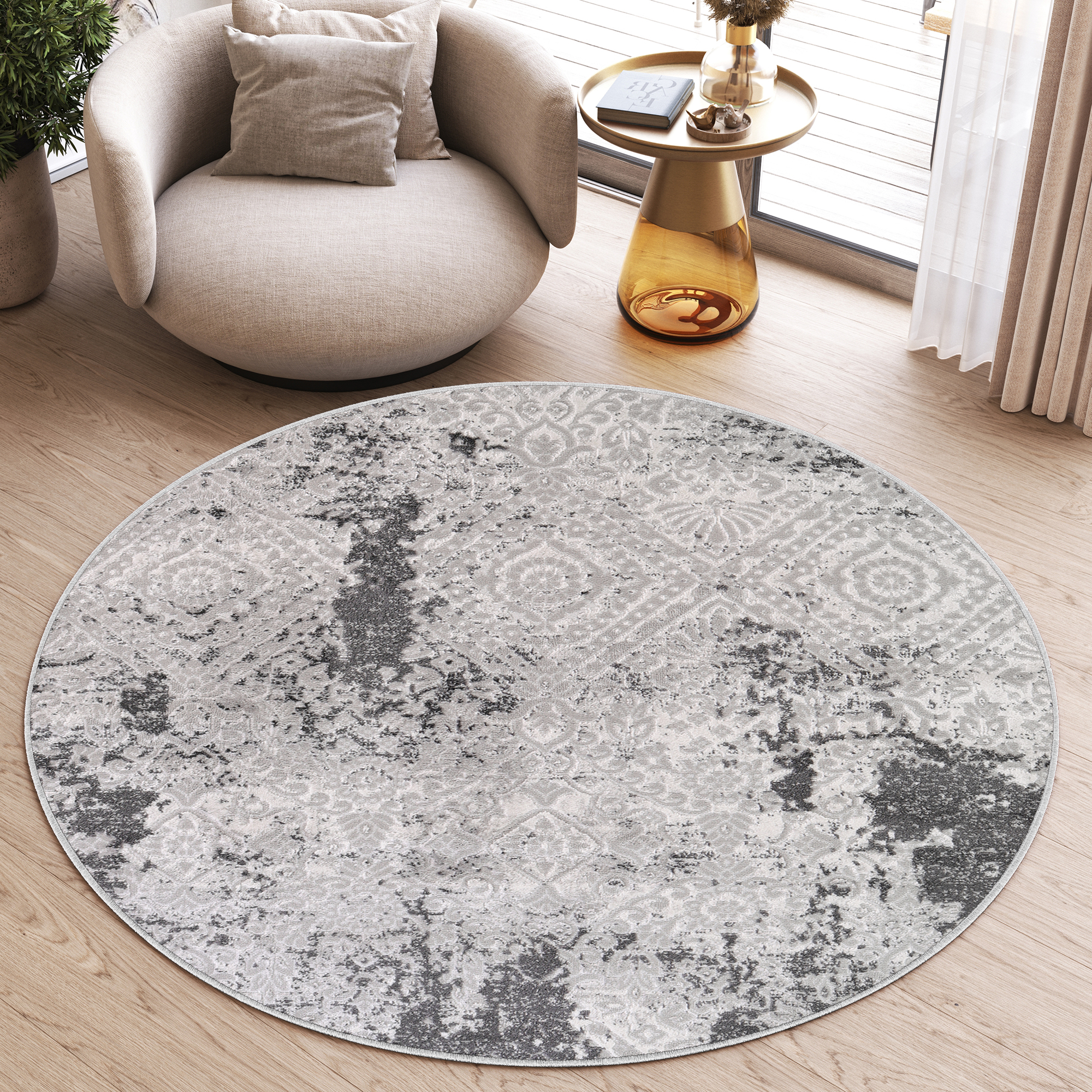 Area Rug Sky Round Grey Cream Vintage Ornaments