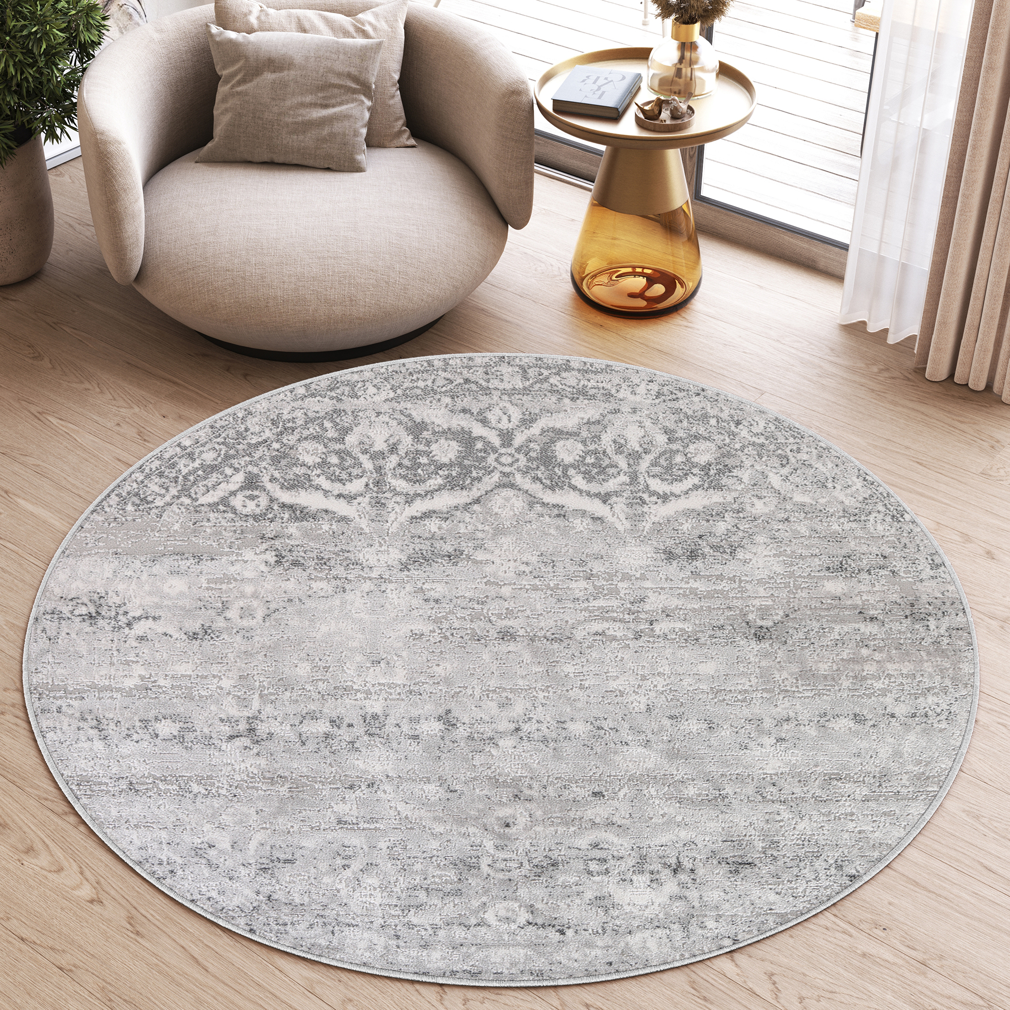 Area Rug Sky Round Grey Vintage Floral Flecked