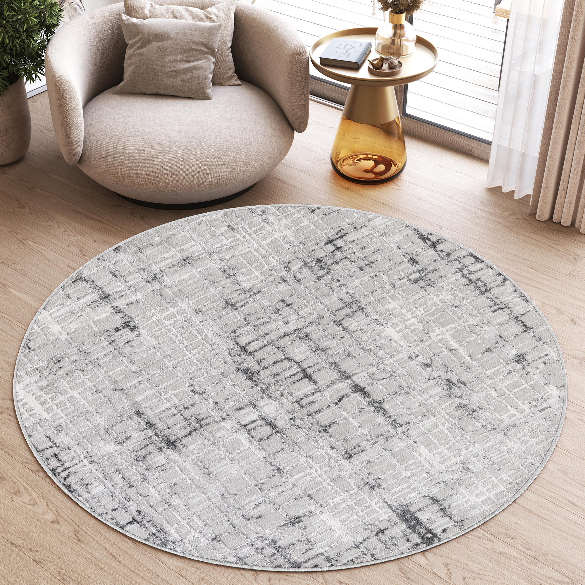 Area Rug Sky Round Grey Modern Checkered