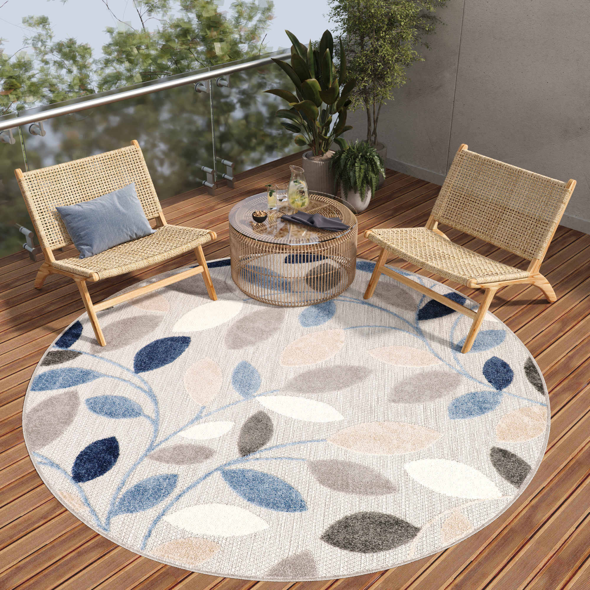 Outdoor Area Rug Patio Round Grey Blue Leaves