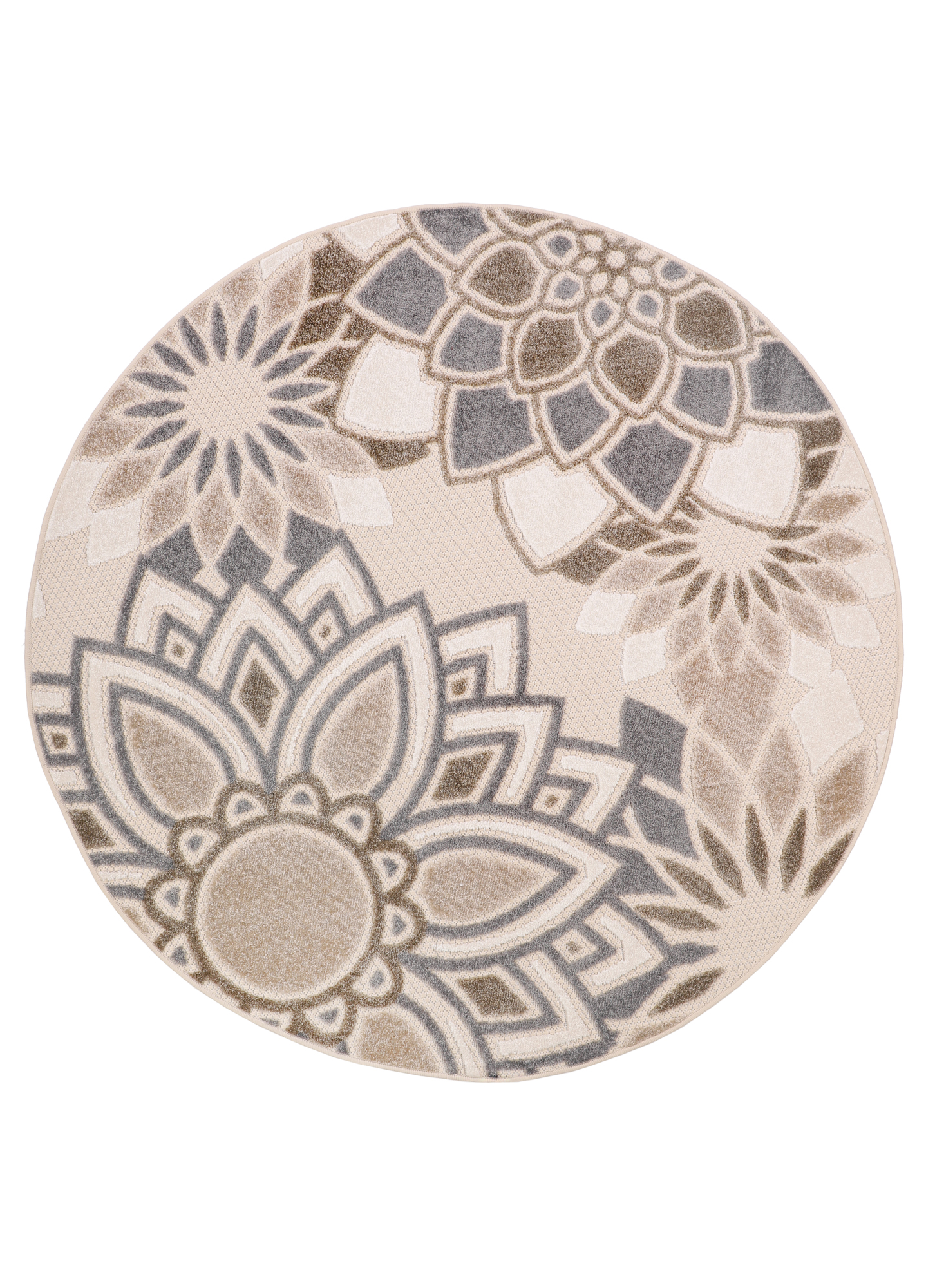 Outdoor Area Rug Patio Round Cream Grey Flowers