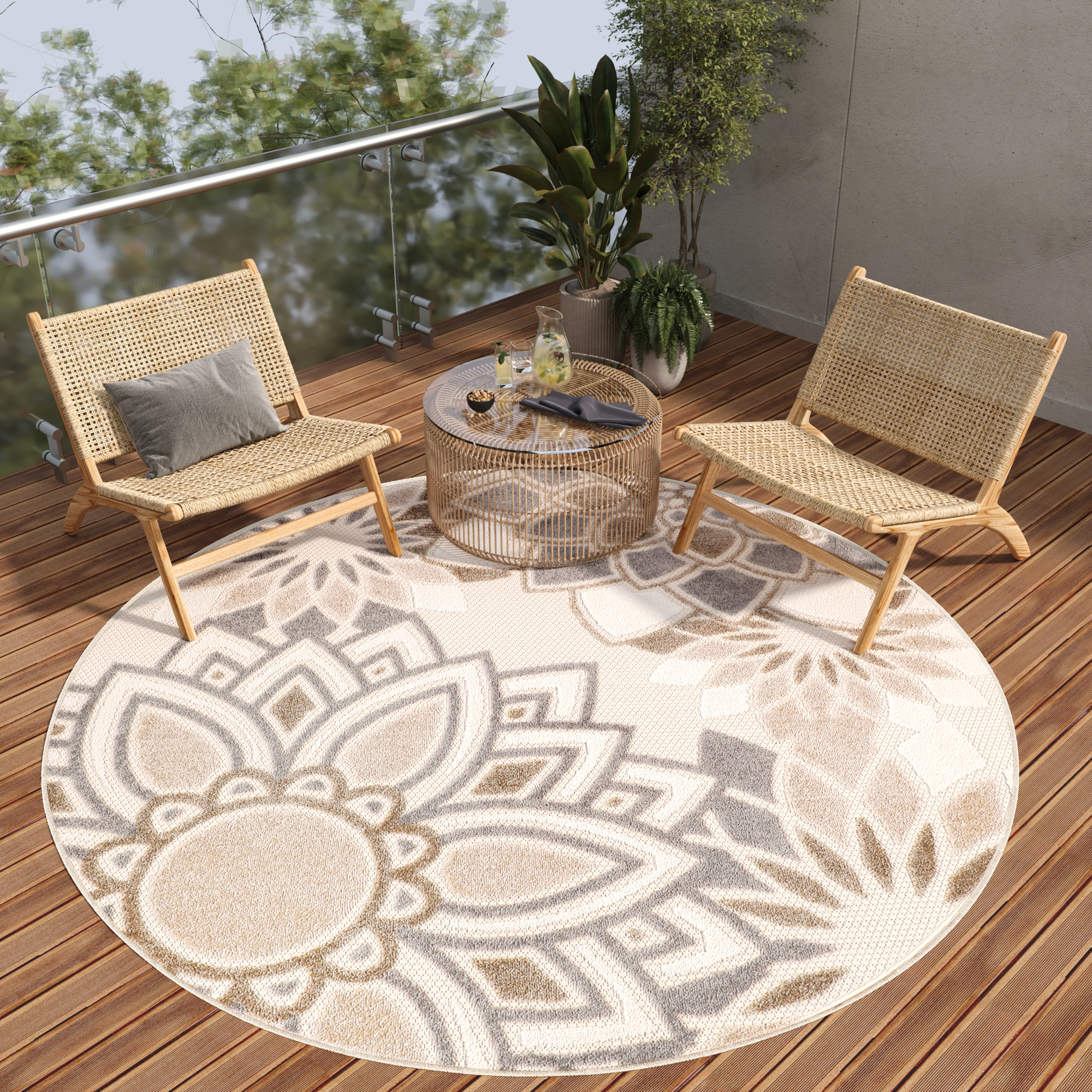 Outdoor Area Rug Patio Round Cream Grey Flowers