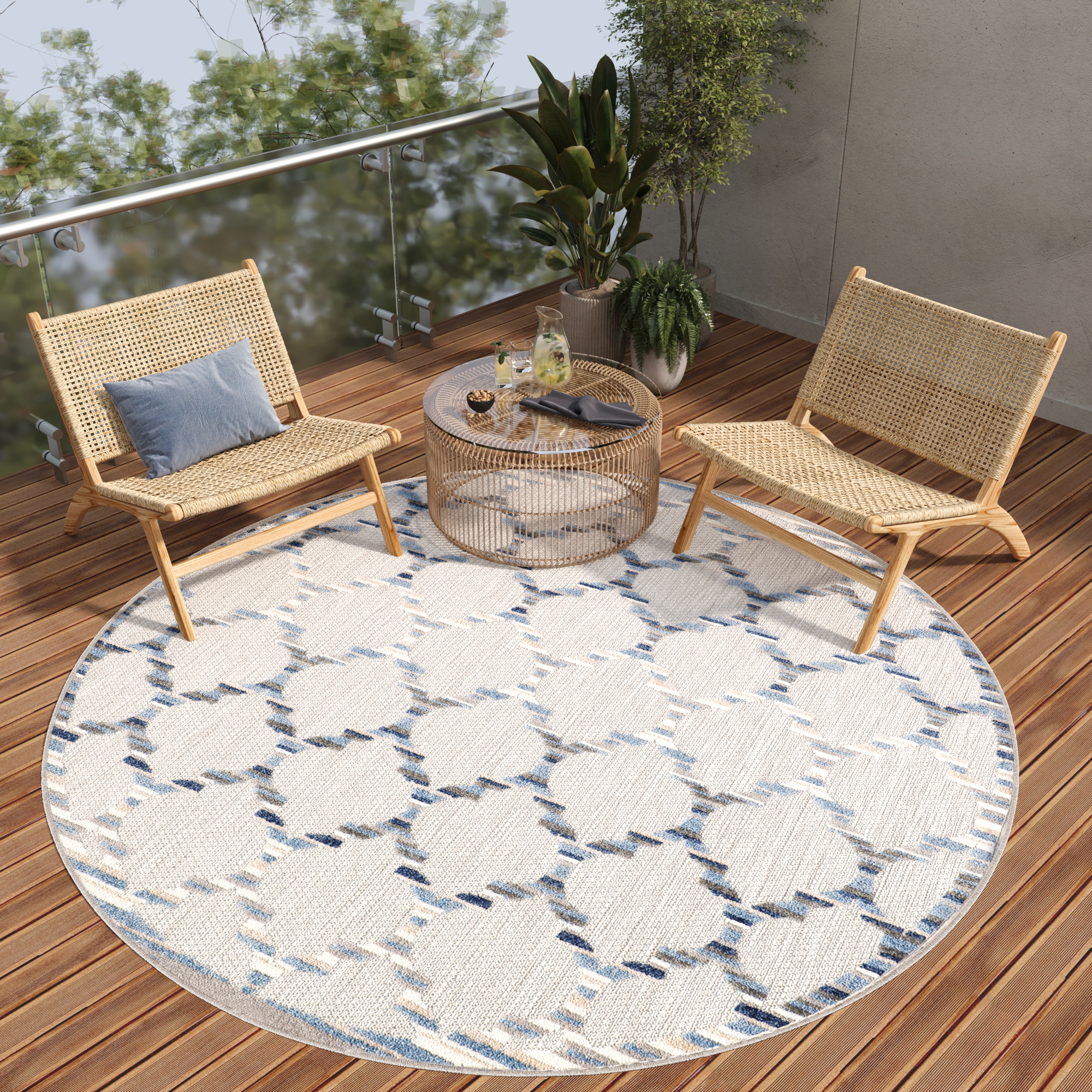 Outdoor Area Rug Patio Round Grey Blue Trellis