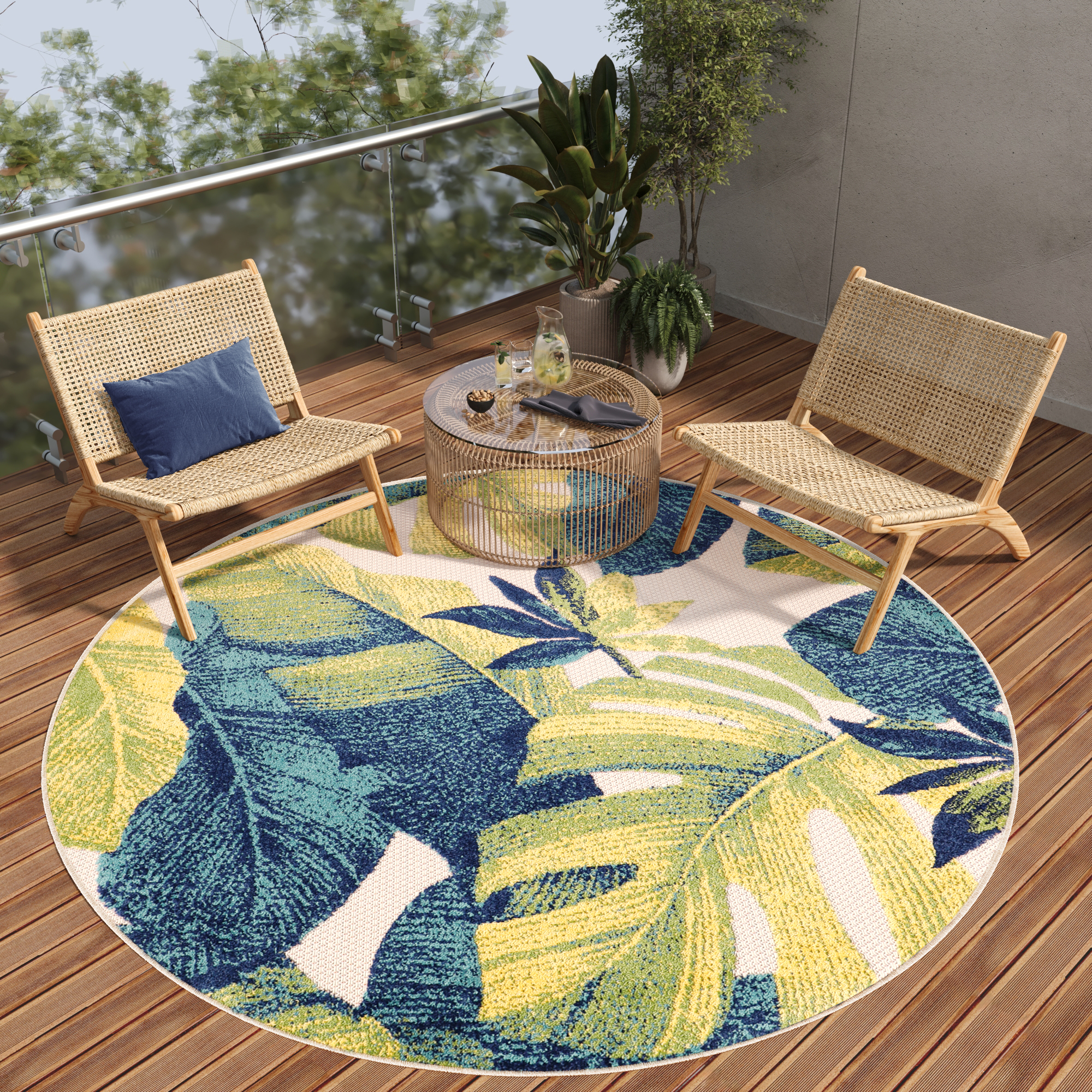 Outdoor Area Rug Patio Round Cream Leaves Palms