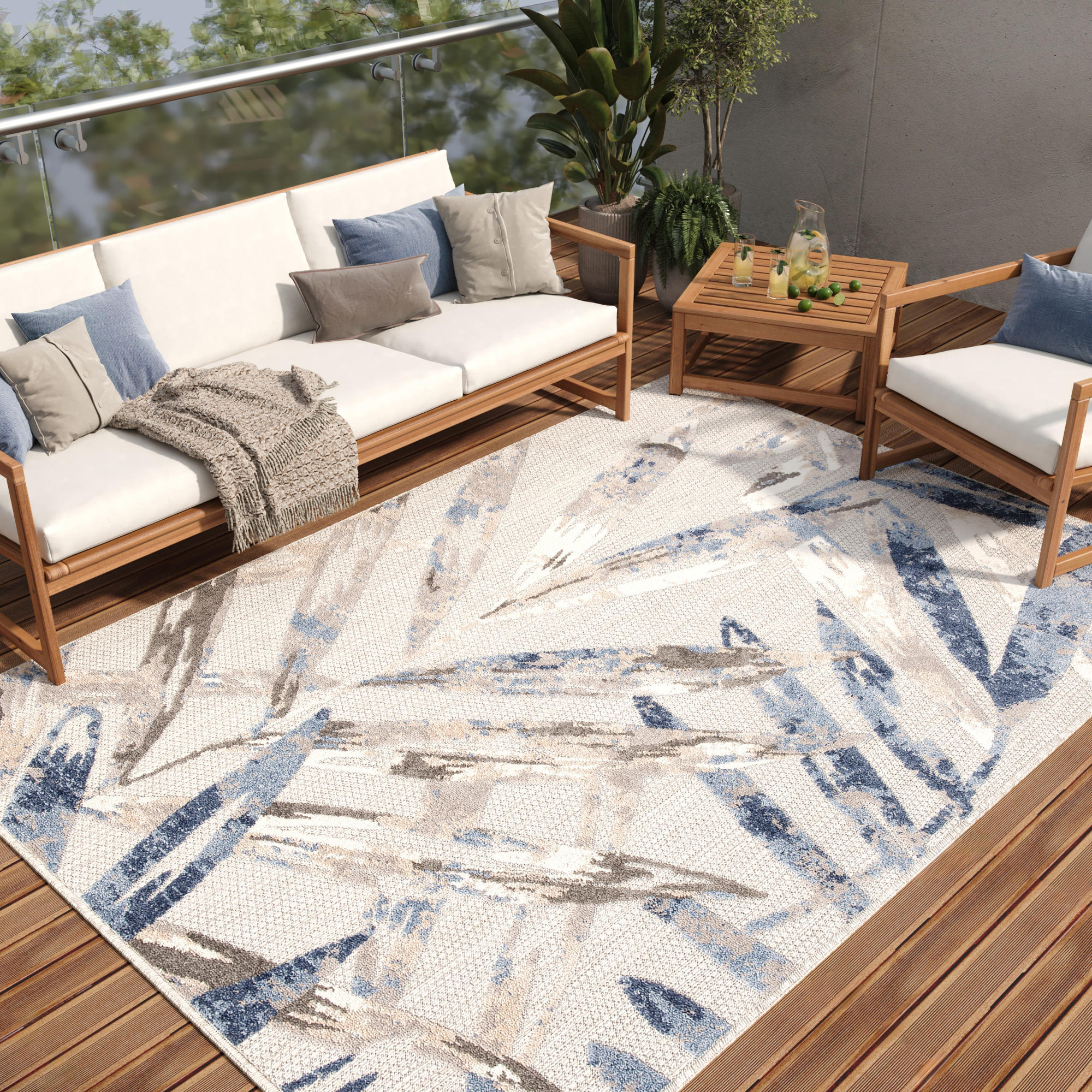 Area Rug Patio Outdoor Grey Blue Leaves