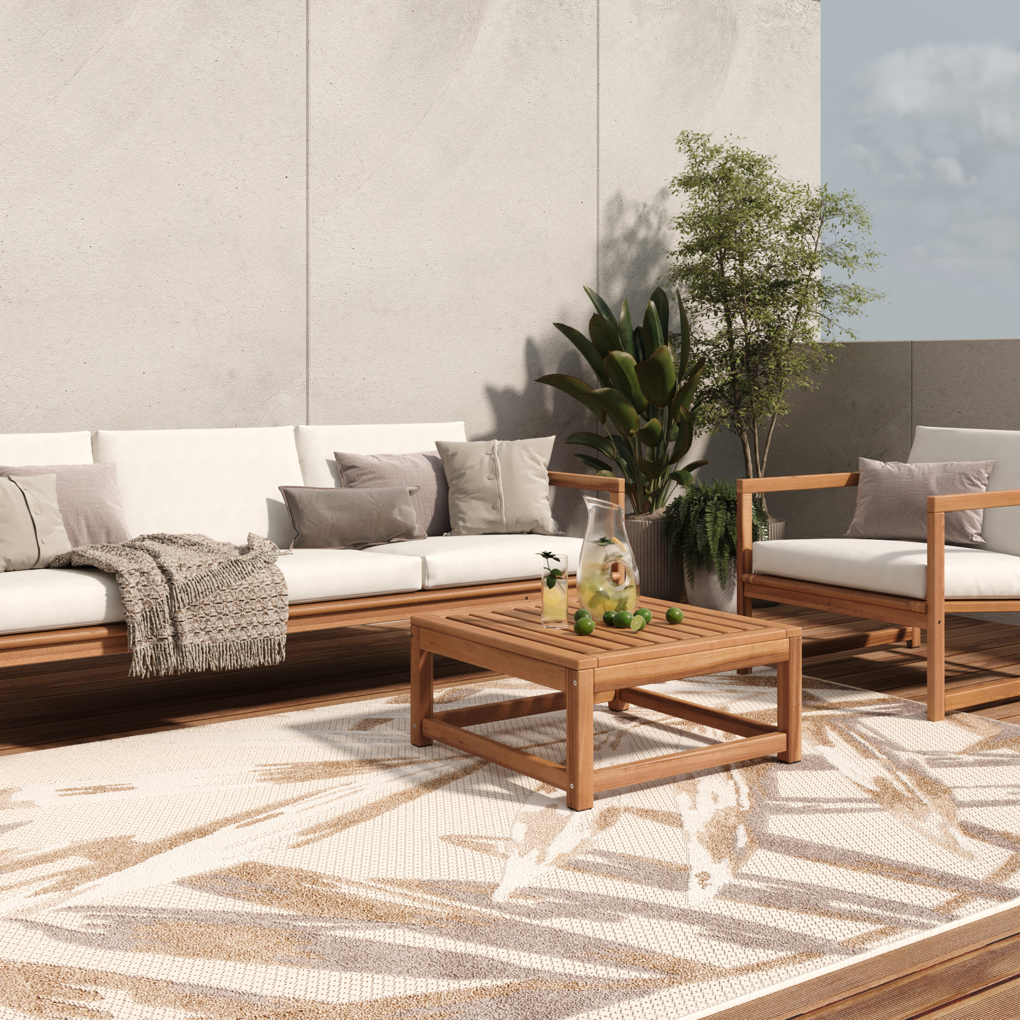 Area Rug Patio Outdoor Cream Grey Leaves