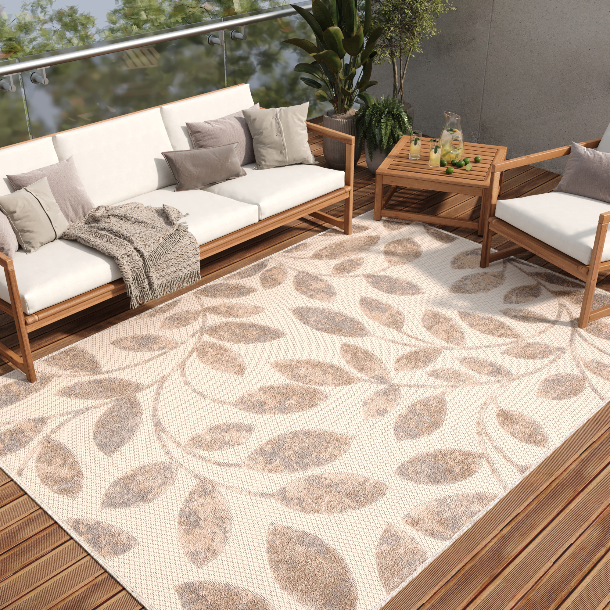 Area Rug Patio Outdoor Cream Beige Leaves