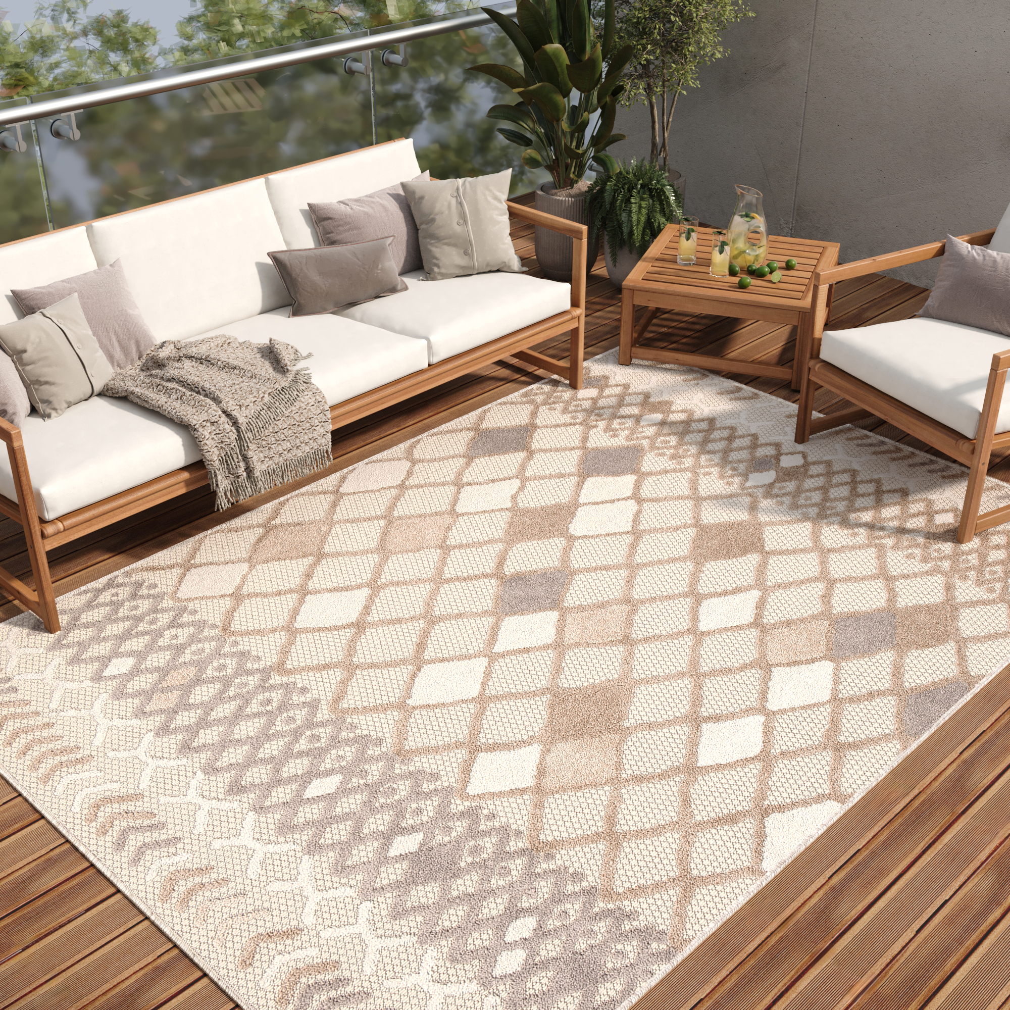 Area Rug Patio Outdoor Grey Cream Ethnic