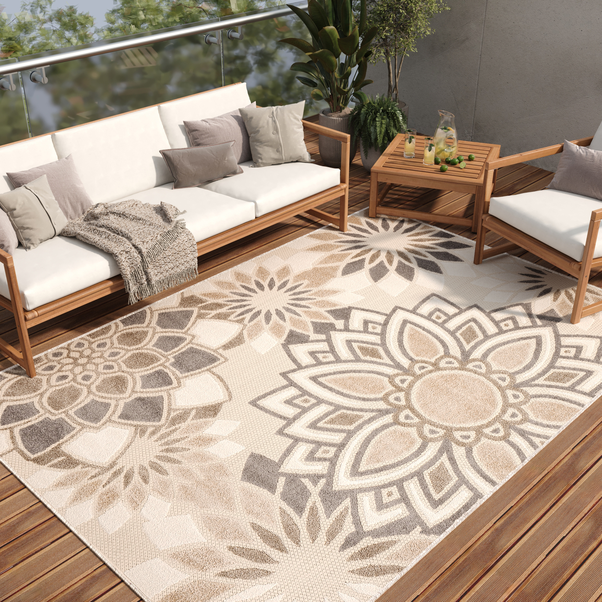 Area Rug Patio Outdoor Cream Grey Flowers