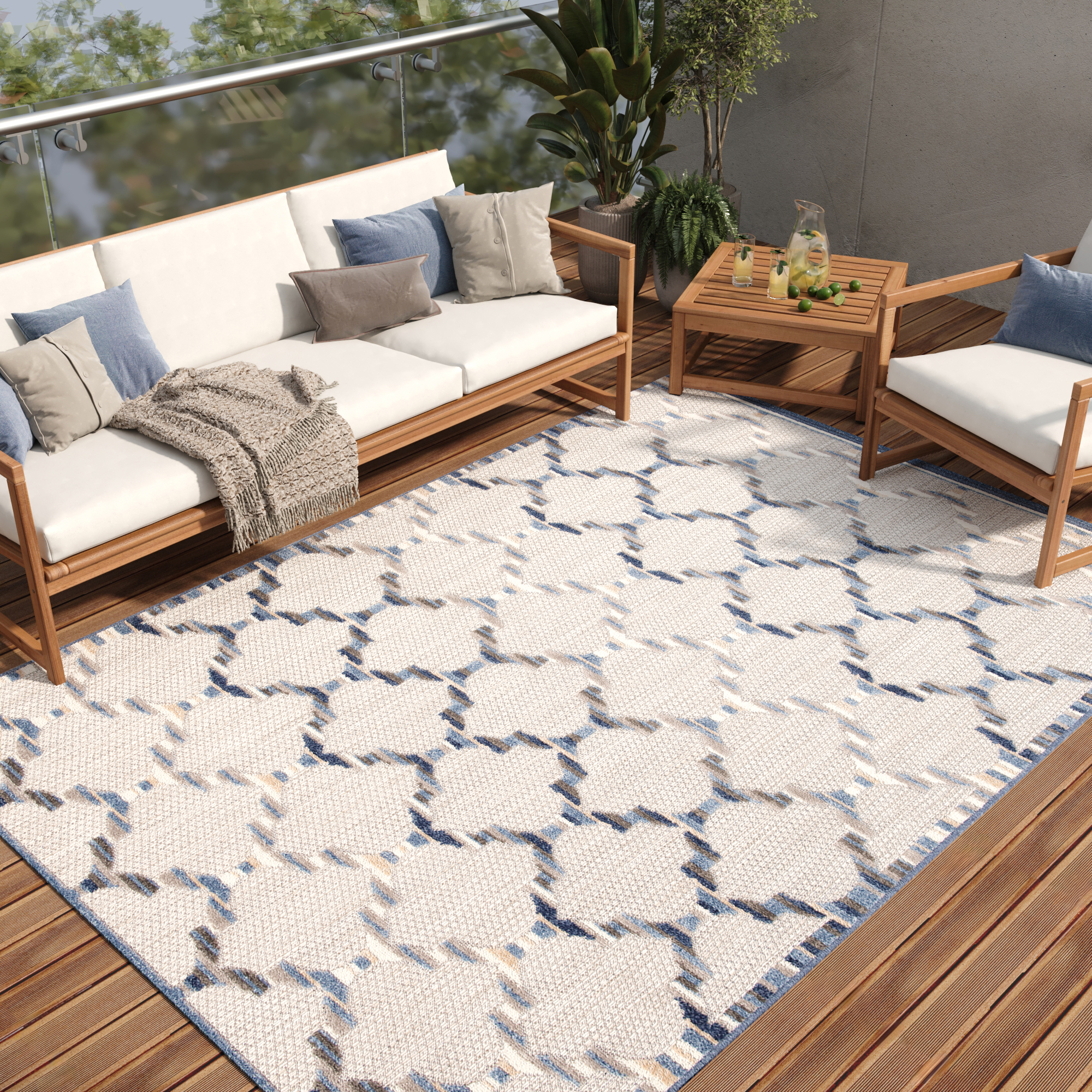 Area Rug Patio Outdoor Grey Blue Trellis