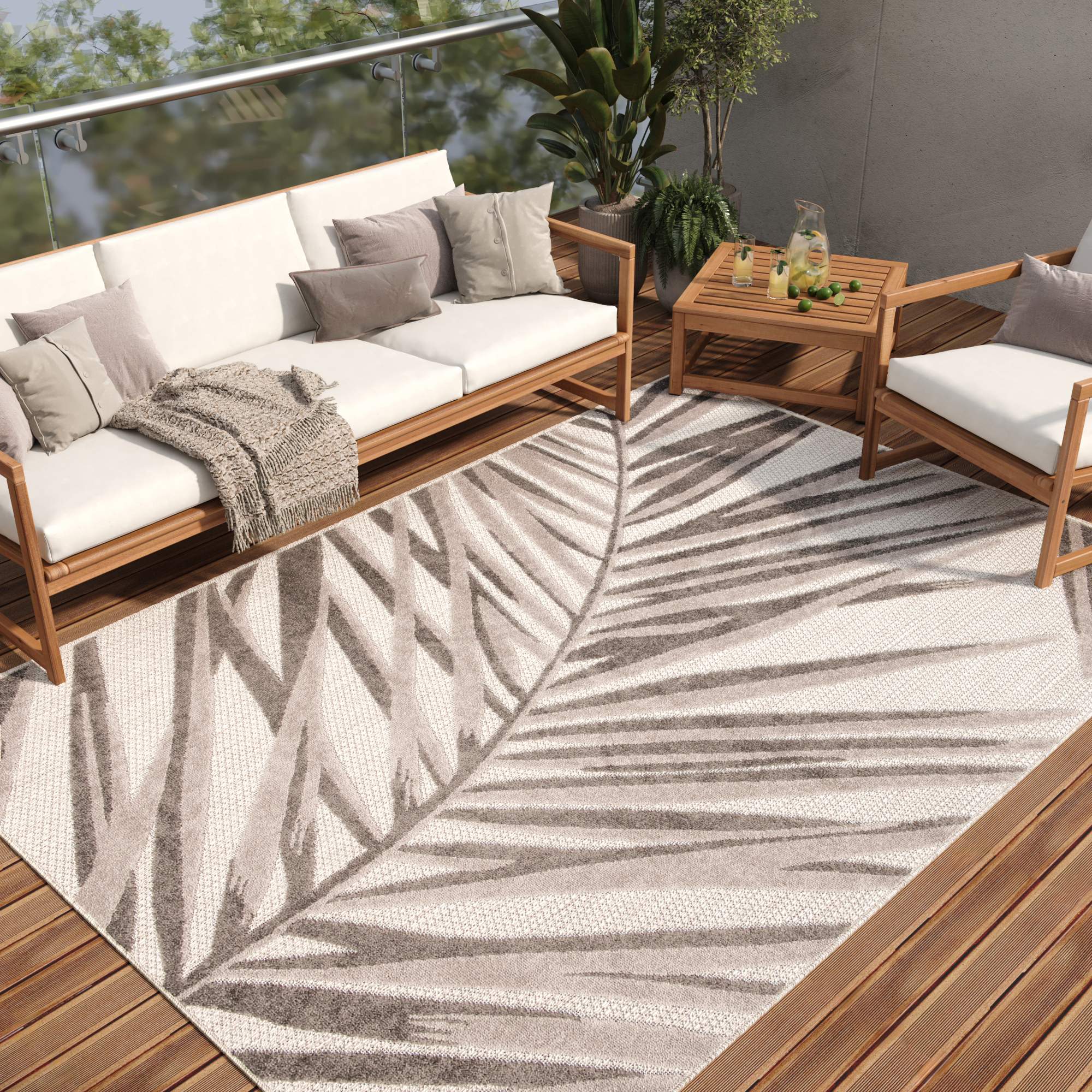 Area Rug Patio Outdoor Grey Beige Leaves