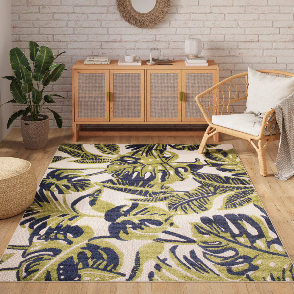 Area Rug Patio Outdoor Cream Monstera Leaves