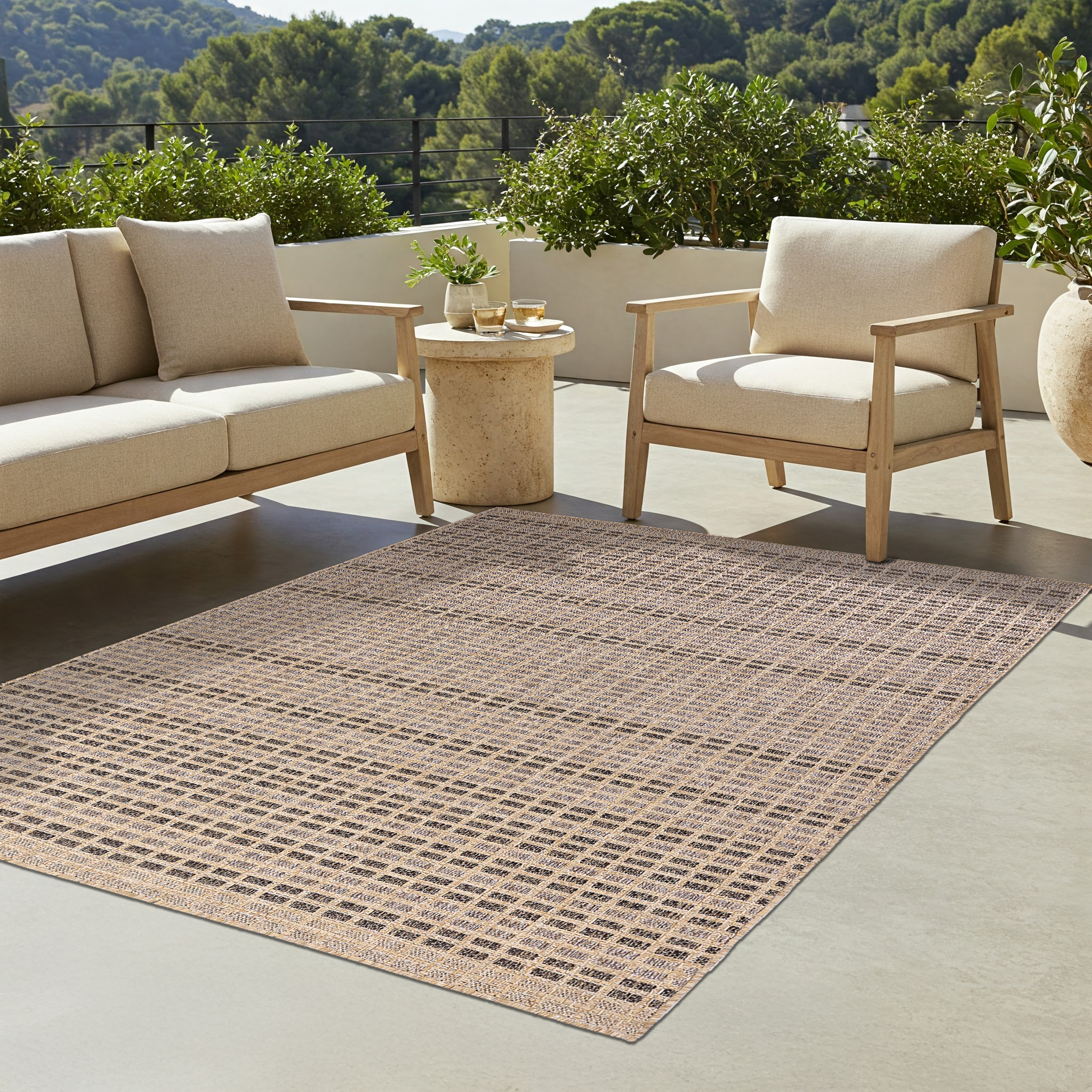 Outdoor Area Rug Yucana Beige Brown Checkered