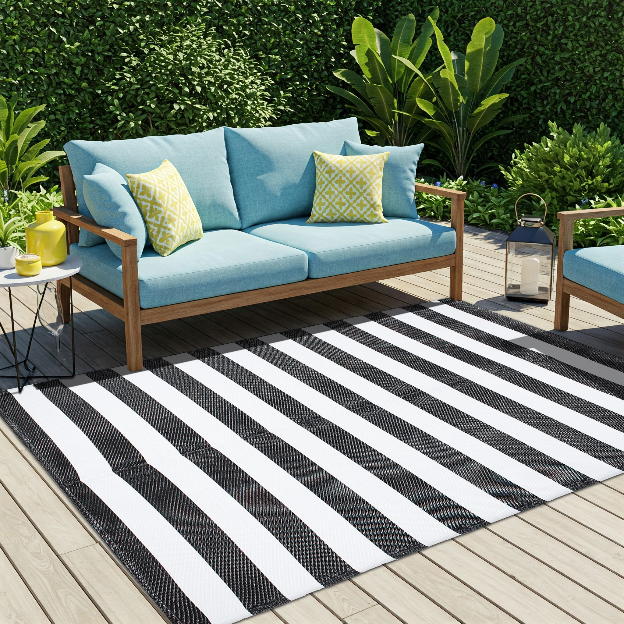 Area Rug Ibiza Outdoor Reversible Waterproof Black White Stripes
