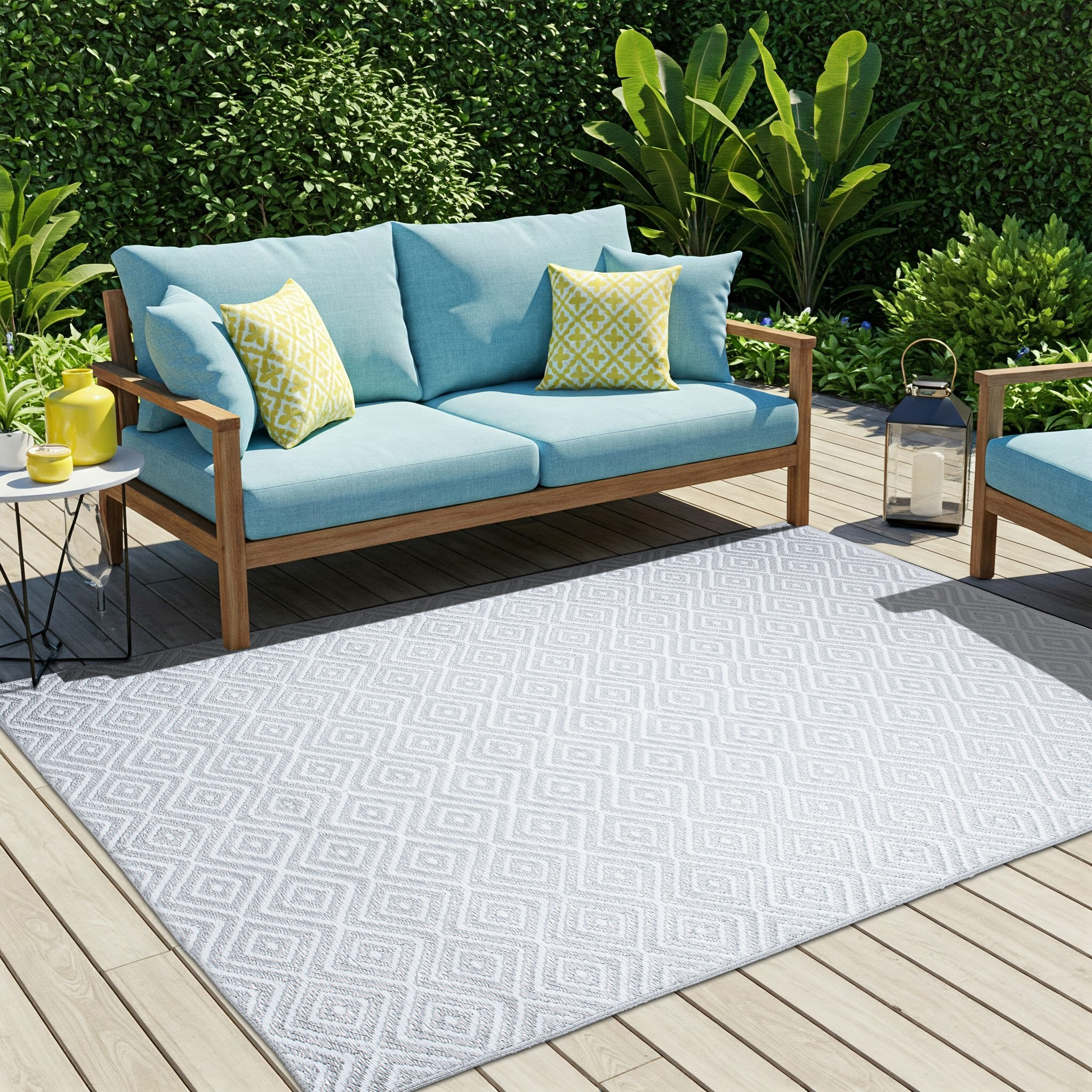 Area Rug Ibiza Outdoor Reversible Waterproof Grey White Diamonds