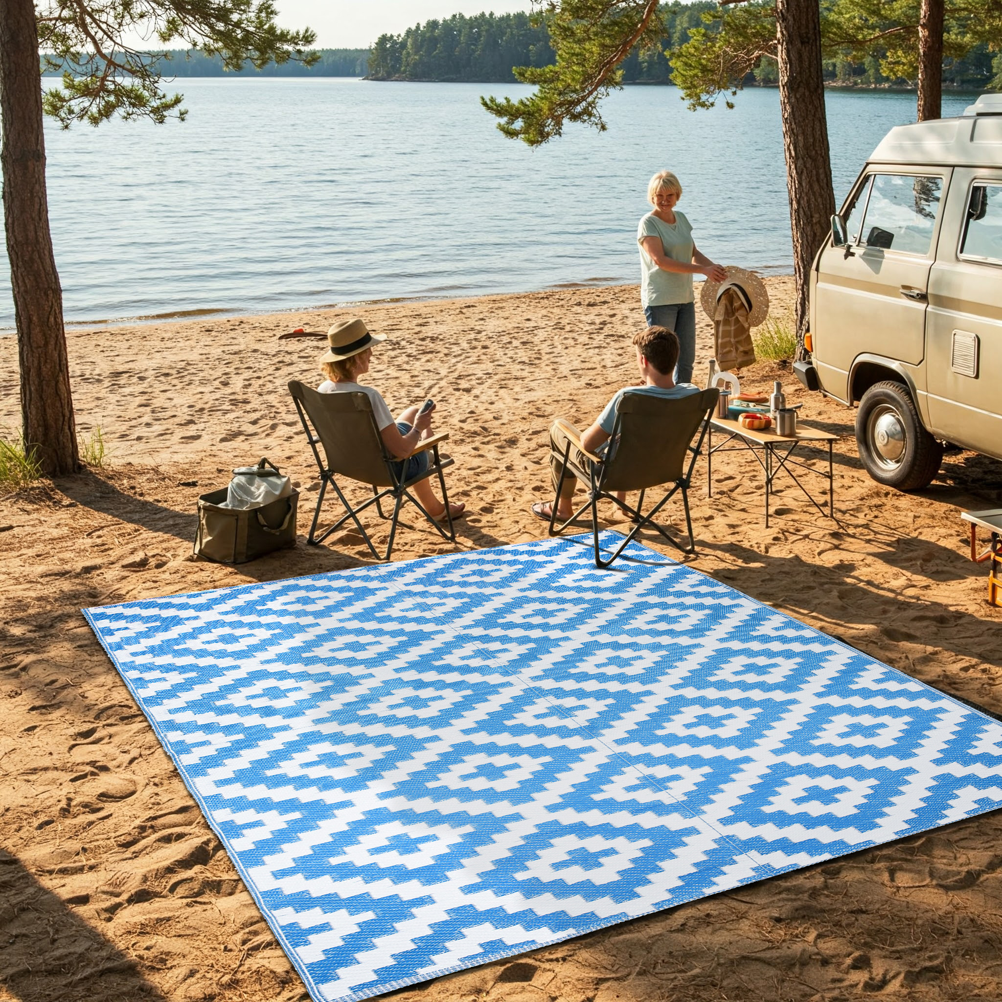 Area Rug Ibiza Outdoor Reversible Waterproof Navy White