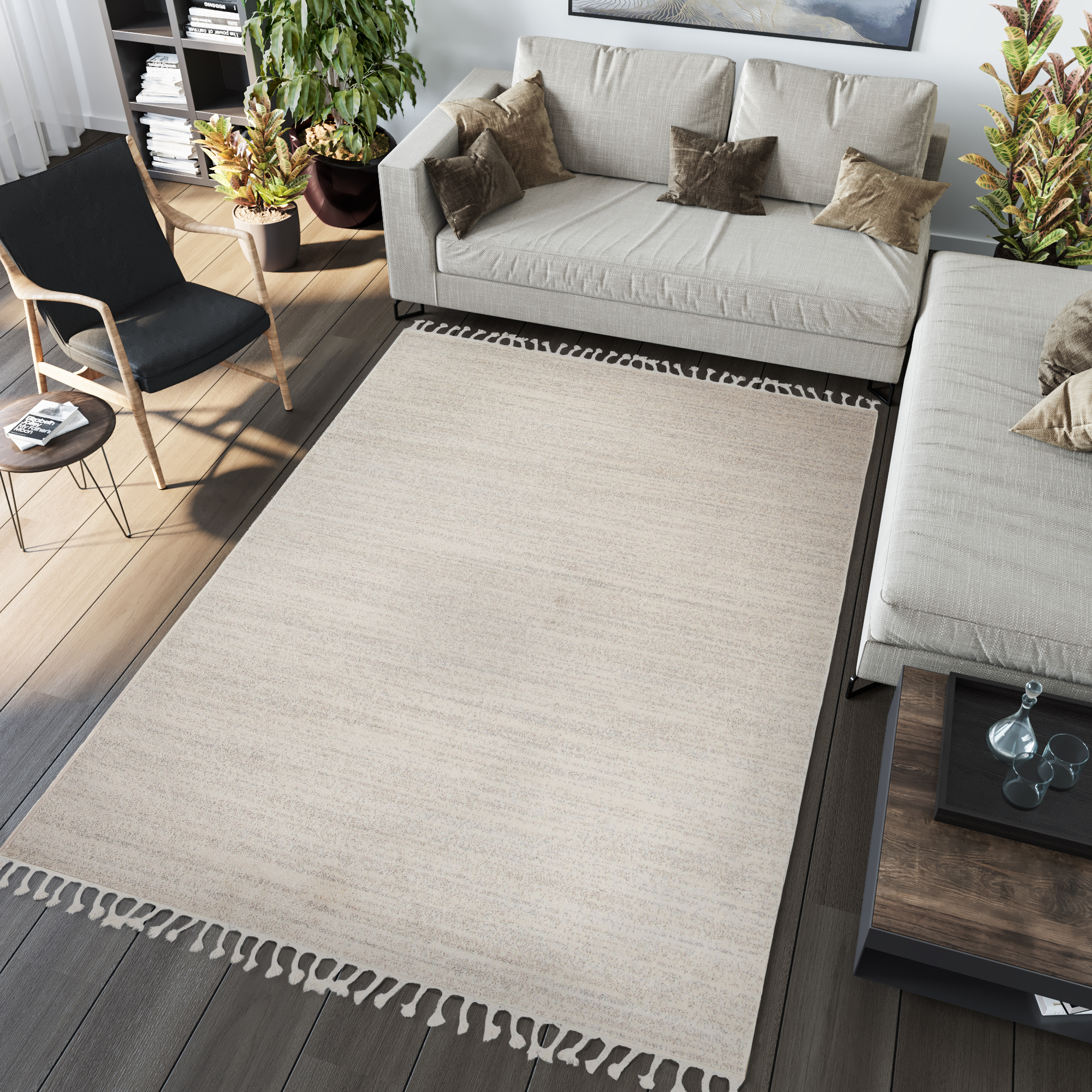 Area Rug Sari with Fringes Light Cream