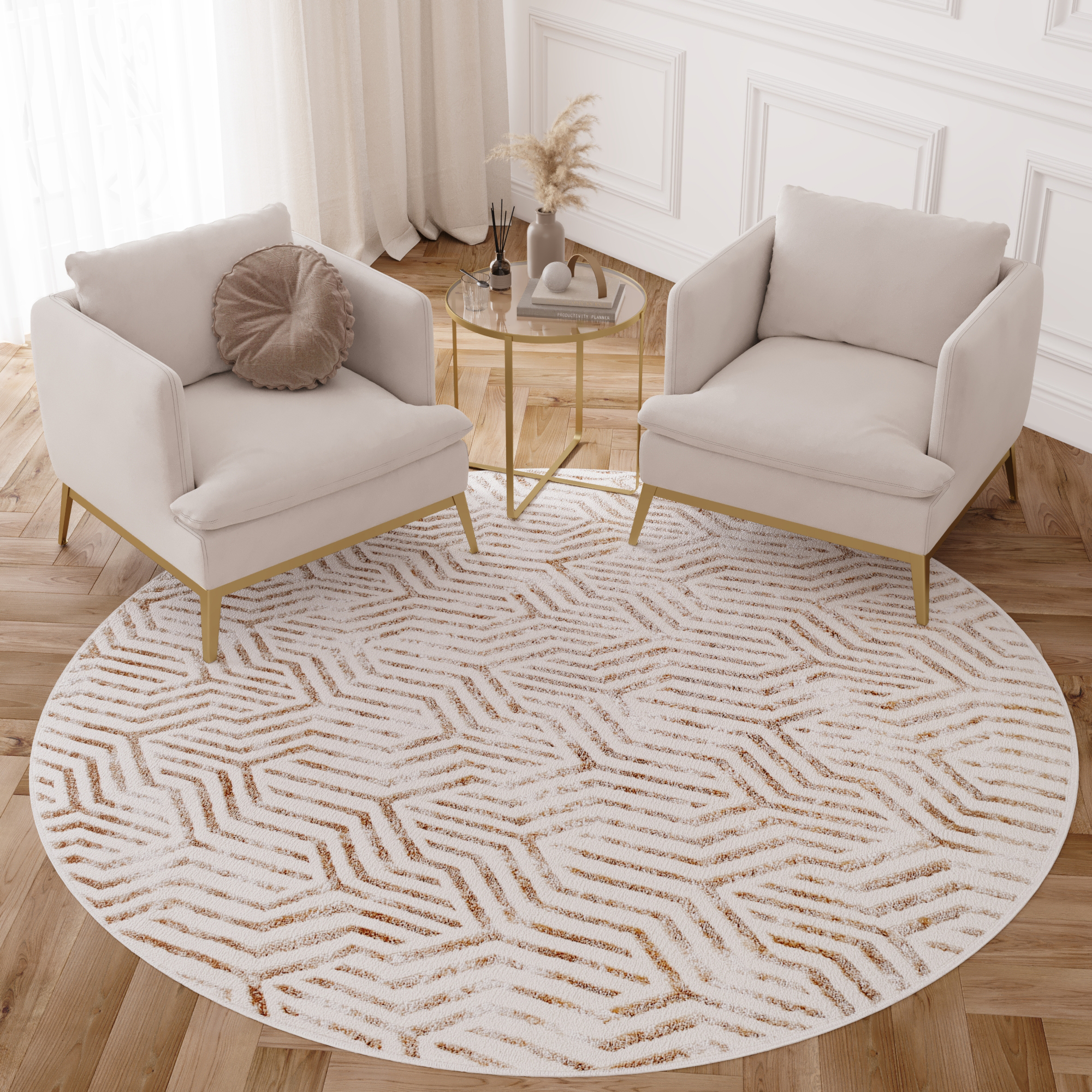 Area Rug Crystal Round Brown Cream Beige Lines