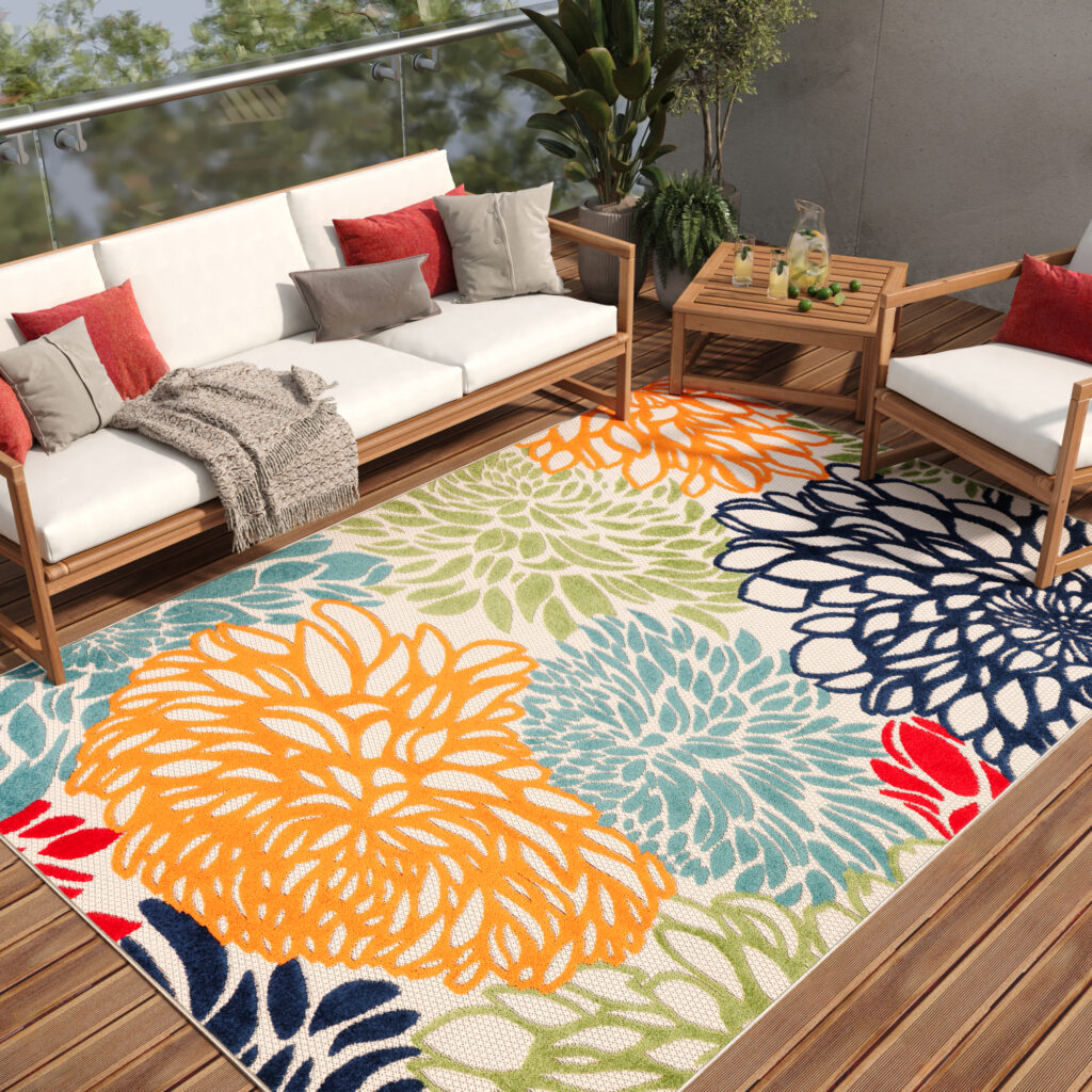 Outdoor Patio Rug Multicolor Flowers