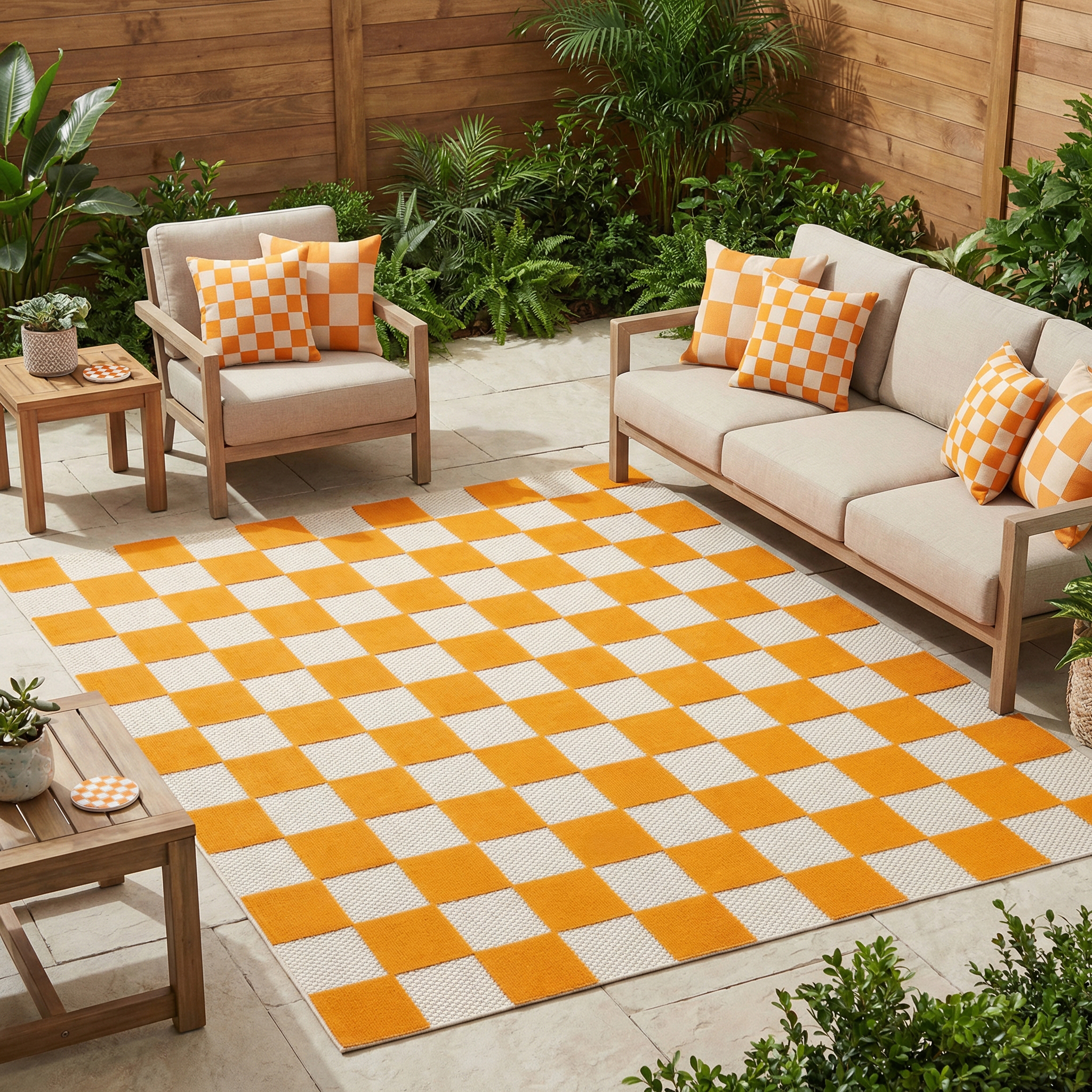 Checker Outdoor Rug Cream Orange